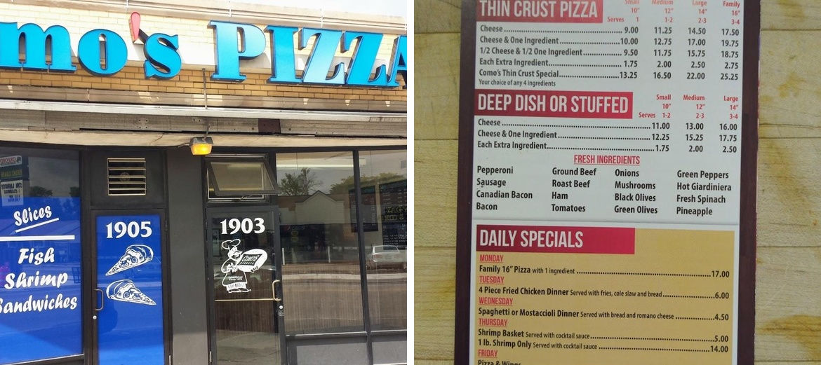 Como's Pizza Menu